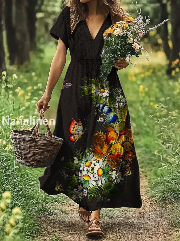 Vintage V-neck Bohemian Floral Print Elegant Chic Loose Midi Dress A / S