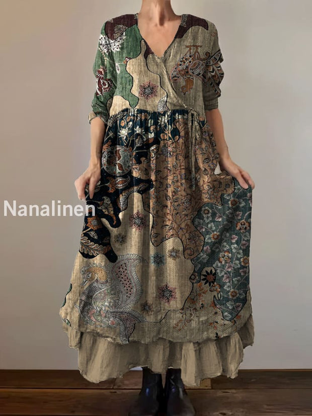 Vintage V-Neck Bohemian Floral Print Elegant Chic Loose Midi Dress A / S