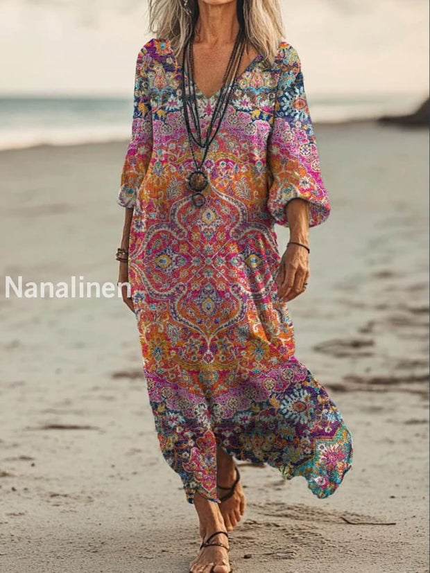 Vintage V-neck Bohemian Floral Print Elegant Chic Loose Midi Dress A / S
