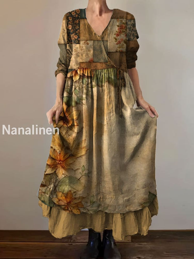 Vintage V-neck Bohemian Floral Print Elegant Chic Loose Midi Dress A / S