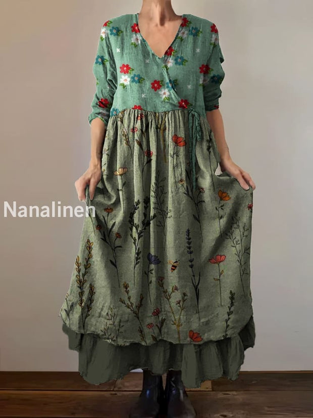 Vintage V-Neck Bohemian Floral Print Elegant Chic Loose Midi Dress A / S