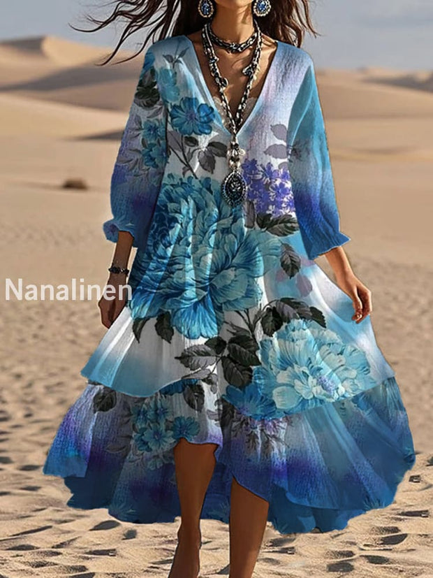 Vintage V-neck Bohemian Floral Print Elegant Chic Loose Midi Dress A / S