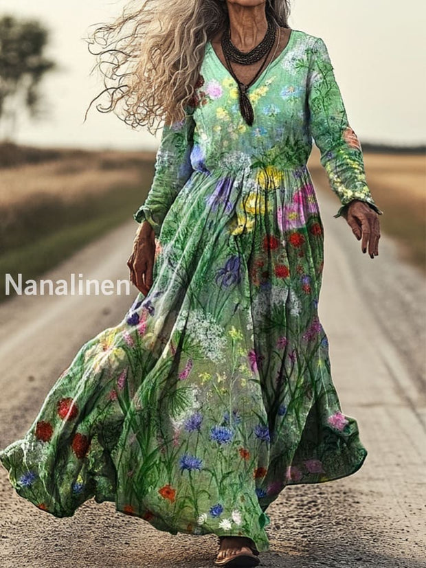 Vintage V-neck Bohemian Floral Print Elegant Chic Loose Midi Dress A / S