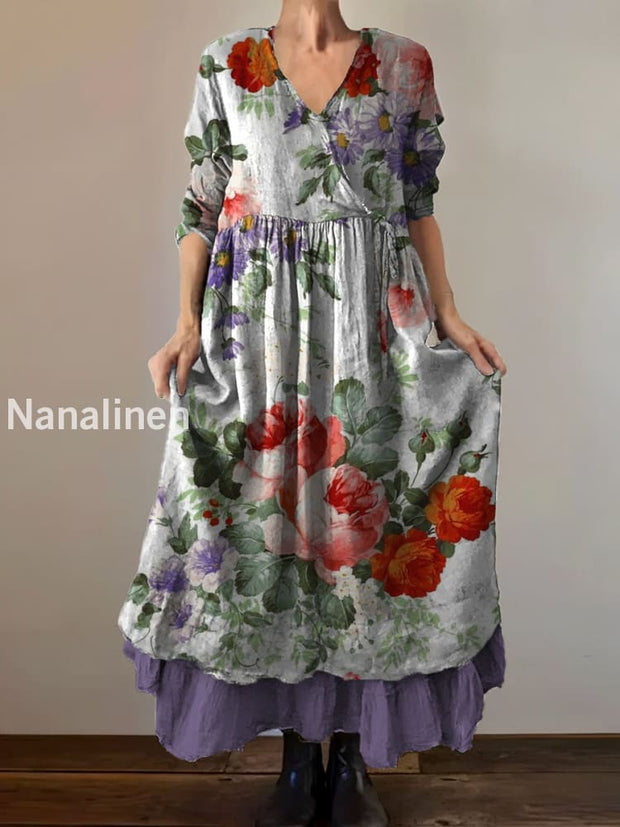 Vintage V-neck Bohemian Floral Print Elegant Chic Loose Midi Dress A / S