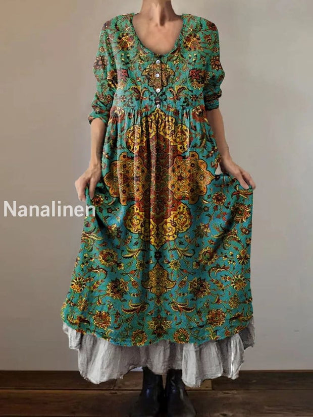 Vintage V-neck Bohemian Floral Print Elegant Chic Loose Midi Dress A / S