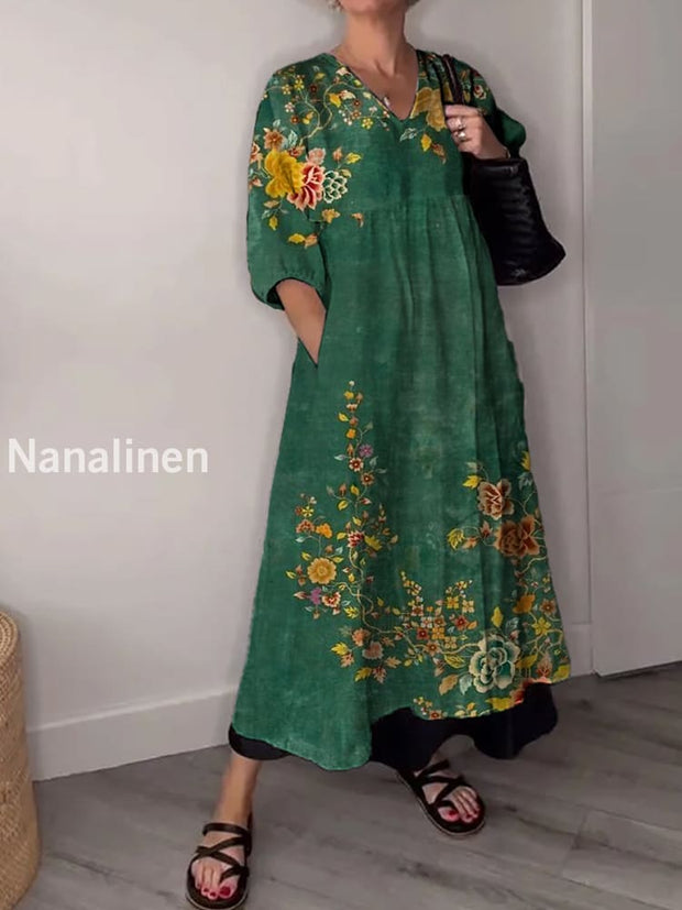 Vintage V-neck Bohemian Floral Print Elegant Chic Loose Midi Dress A / S