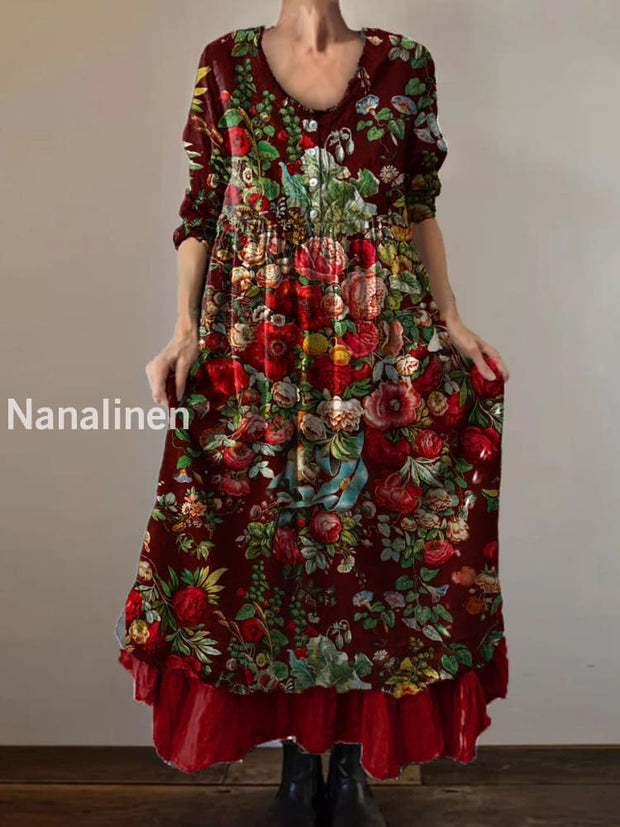 Vintage V-neck Bohemian Floral Print Elegant Chic Loose Midi Dress A / S