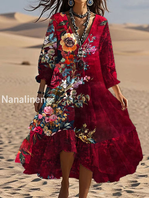 Vintage V-neck Bohemian Floral Print Elegant Chic Loose Midi Dress A / S