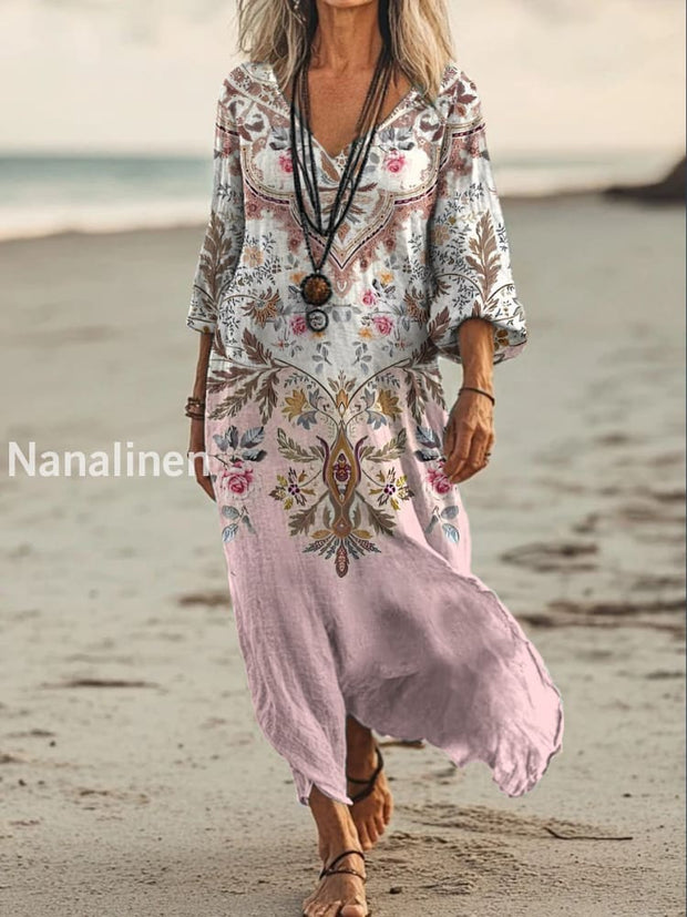 Vintage V-neck Bohemian Floral Print Elegant Chic Loose Midi Dress A / S