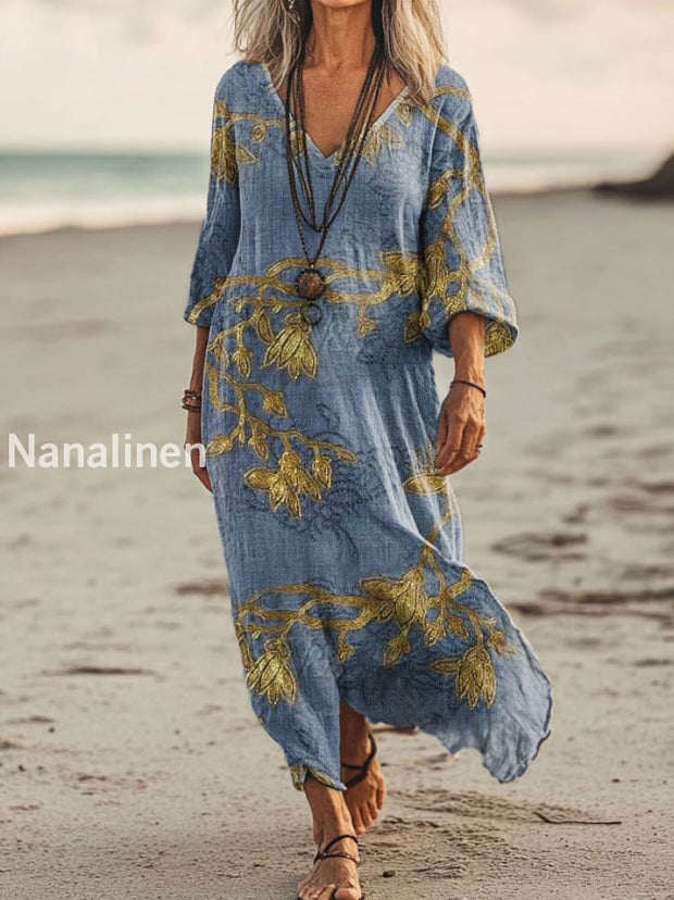 Vintage V-neck Bohemian Floral Print Elegant Chic Loose Midi Dress A / S