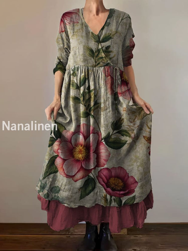 Vintage V-neck Bohemian Floral Print Elegant Chic Loose Midi Dress A / S