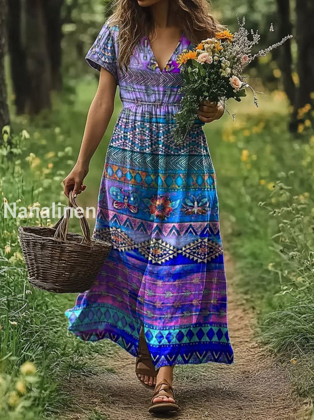 Vintage V-neck Bohemian Floral Print Elegant Chic Loose Midi Dress A / S