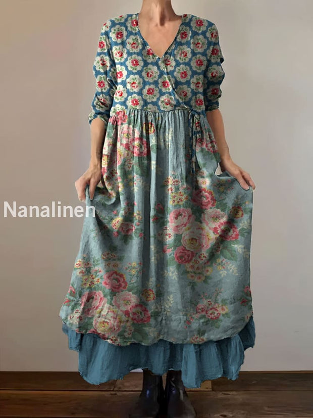 Vintage V-neck Bohemian Floral Print Elegant Chic Loose Midi Dress A / S