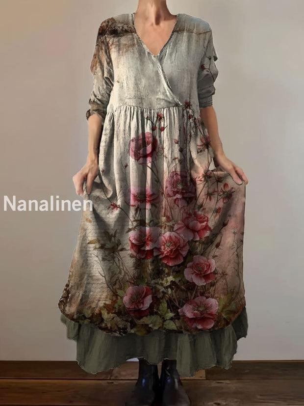 Vintage V-neck Bohemian Floral Print Elegant Chic Loose Midi Dress A / S