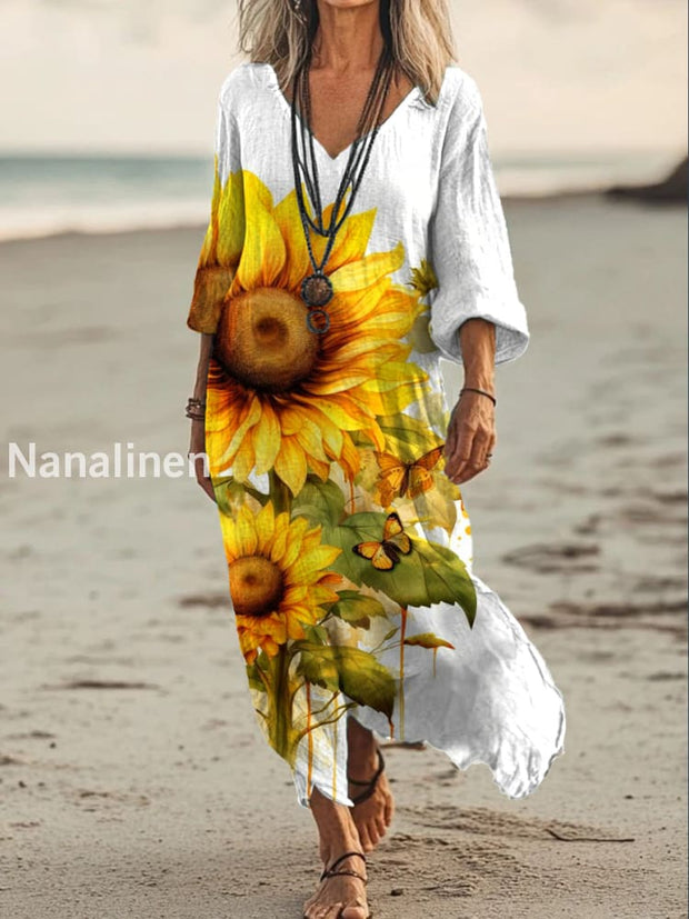 Vintage V-neck Bohemian Floral Print Elegant Chic Loose Midi Dress A / S