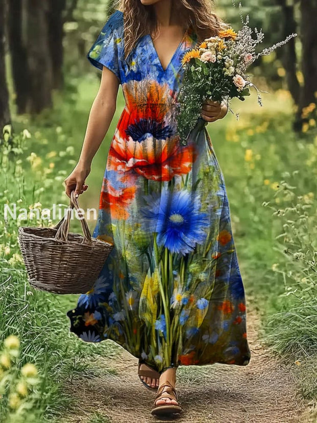 Vintage V-neck Bohemian Floral Print Elegant Chic Loose Midi Dress A / S