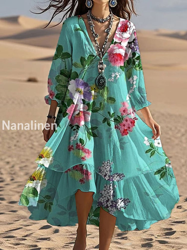 Vintage V-neck Bohemian Floral Print Elegant Chic Loose Midi Dress A / S