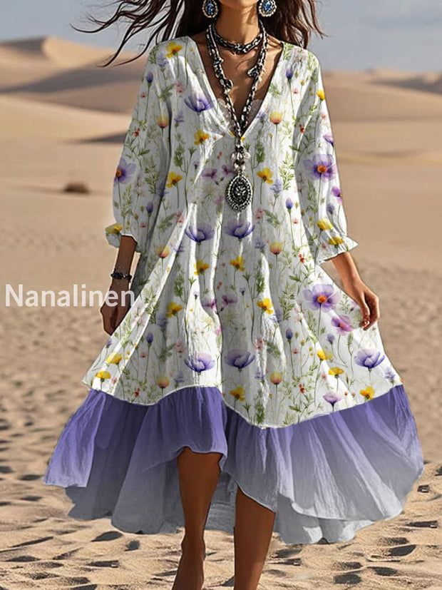 Vintage V-neck Bohemian Floral Print Elegant Chic Loose Midi Dress A / S