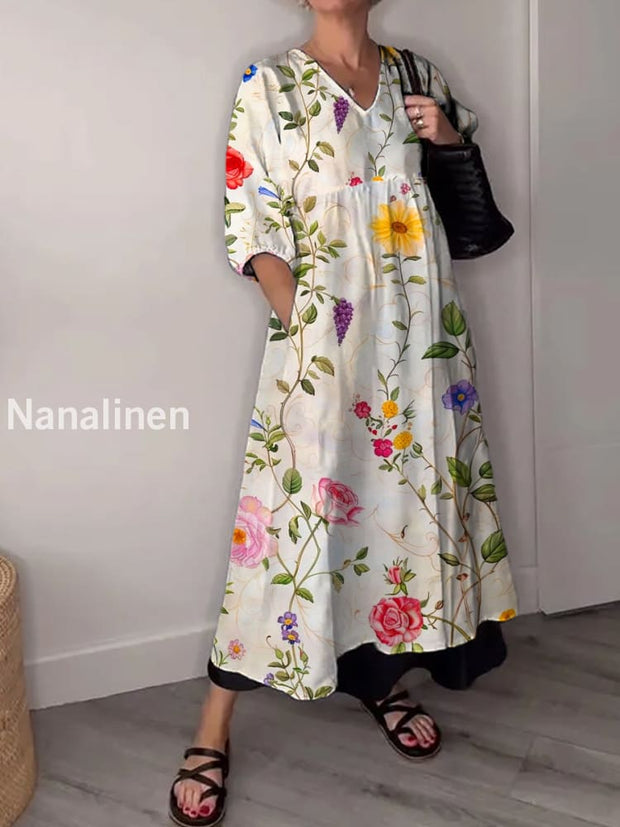 Vintage V-neck Bohemian Floral Print Elegant Chic Loose Midi Dress A / S