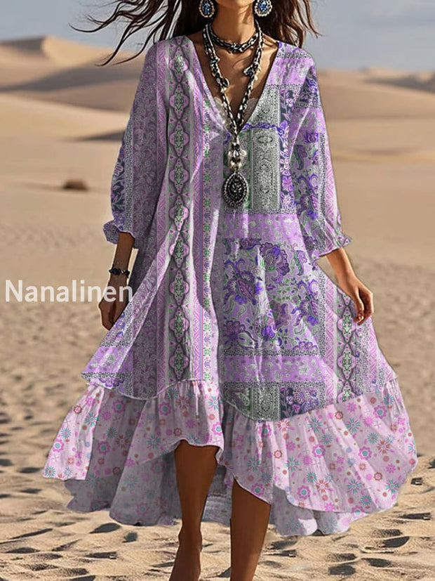 Vintage V-neck Bohemian Floral Print Elegant Chic Loose Midi Dress A / S