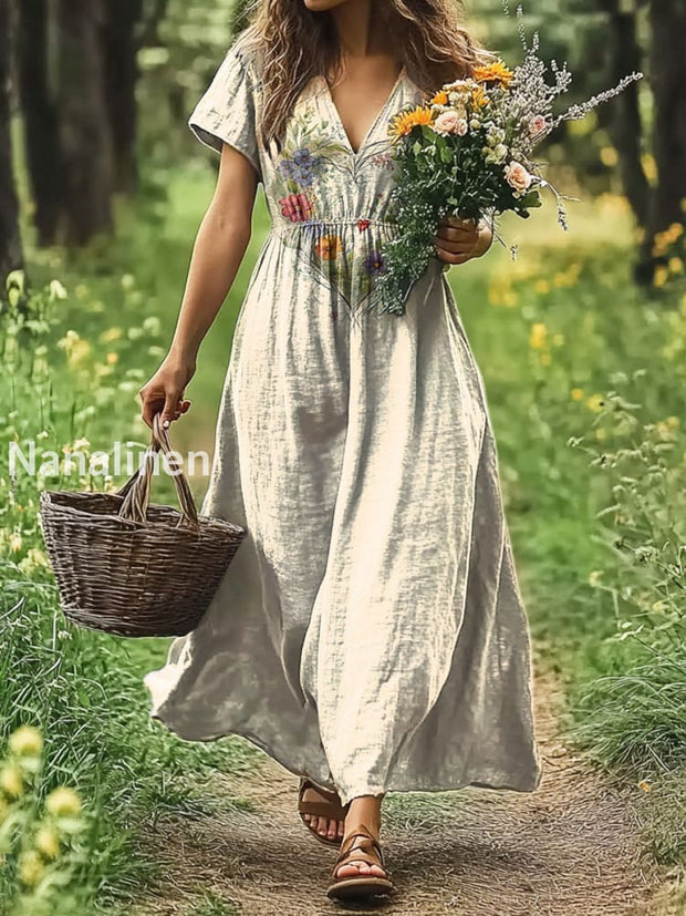 Vintage V-neck Bohemian Floral Print Elegant Chic Loose Midi Dress A / S