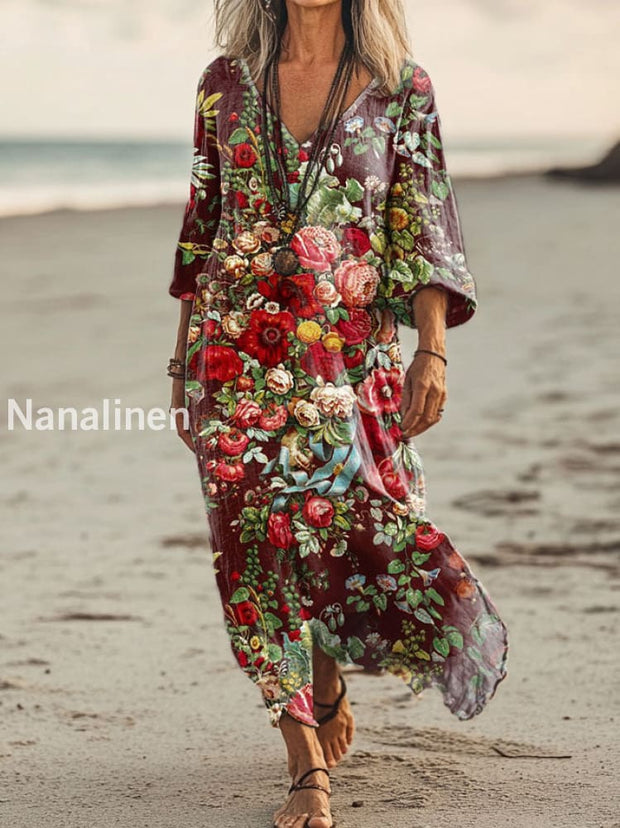 Vintage V-neck Bohemian Floral Print Elegant Chic Loose Midi Dress A / S