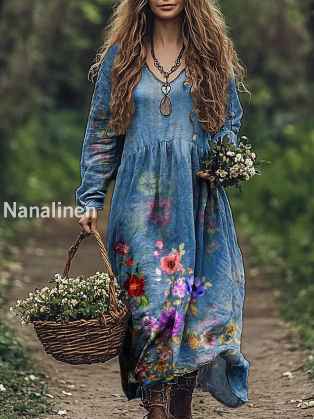 Vintage V-neck Bohemian Floral Print Elegant Chic Loose Midi Dress A / S