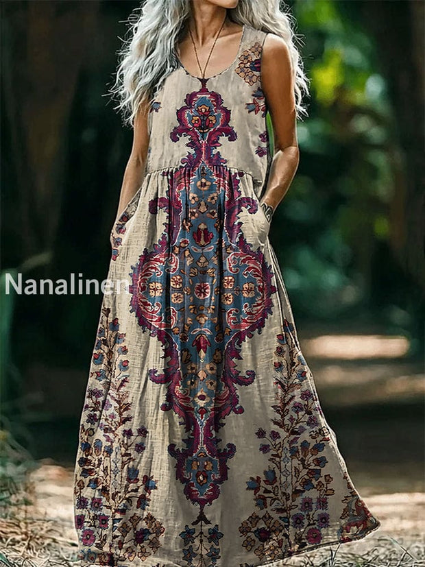 Vintage V-neck Bohemian Floral Print Elegant Chic Loose Midi Dress A / S