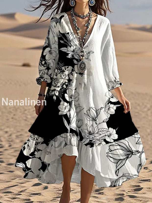 Vintage V-neck Bohemian Floral Print Elegant Chic Loose Midi Dress A / S