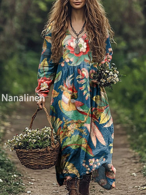 Vintage V-neck Bohemian Floral Print Elegant Chic Loose Midi Dress A / S