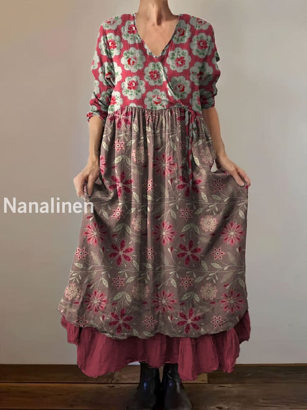 Vintage V-neck Bohemian Floral Print Elegant Chic Loose Midi Dress A / S