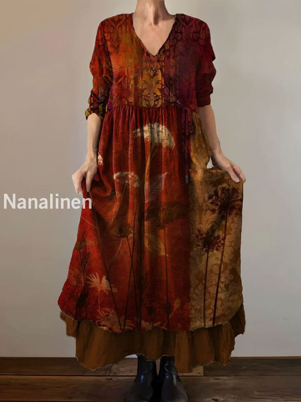 Vintage V-neck Bohemian Floral Print Elegant Chic Loose Midi Dress A / S