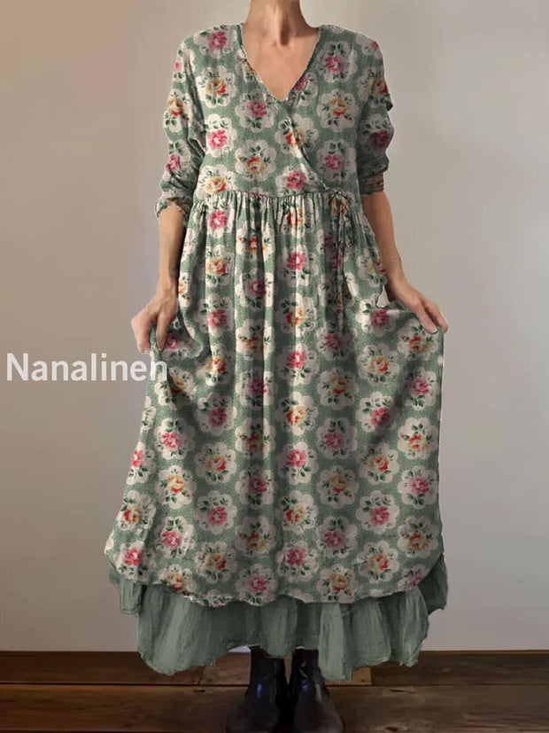 Vintage V-neck Bohemian Floral Print Elegant Chic Loose Midi Dress A / S