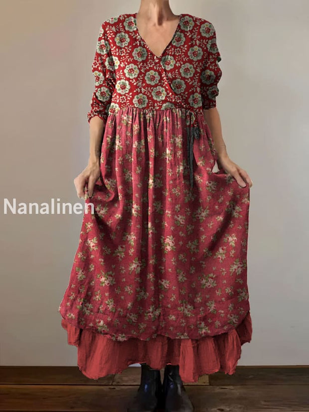 Vintage V-neck Bohemian Floral Print Elegant Chic Loose Midi Dress A / S