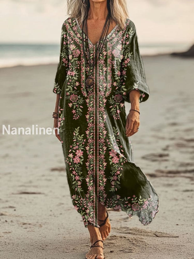 Vintage V-neck Bohemian Floral Print Elegant Chic Loose Midi Dress A / S