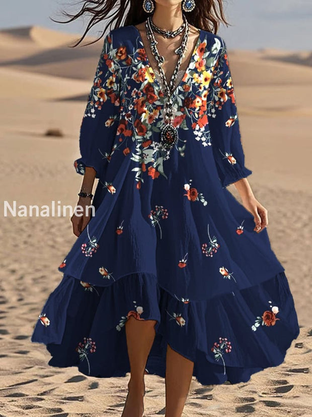 Vintage V-neck Bohemian Floral Print Elegant Chic Loose Midi Dress A / S