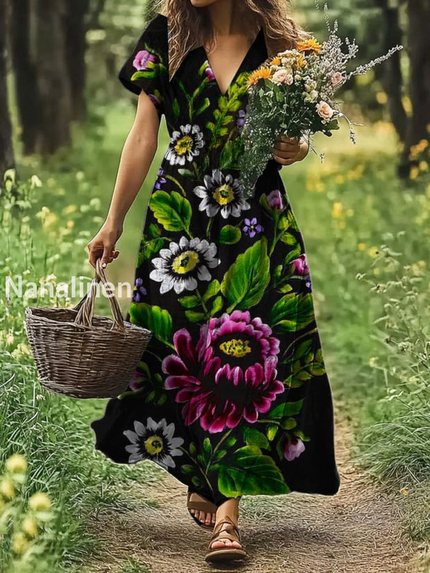 Vintage V-neck Bohemian Floral Print Elegant Chic Loose Midi Dress A / S
