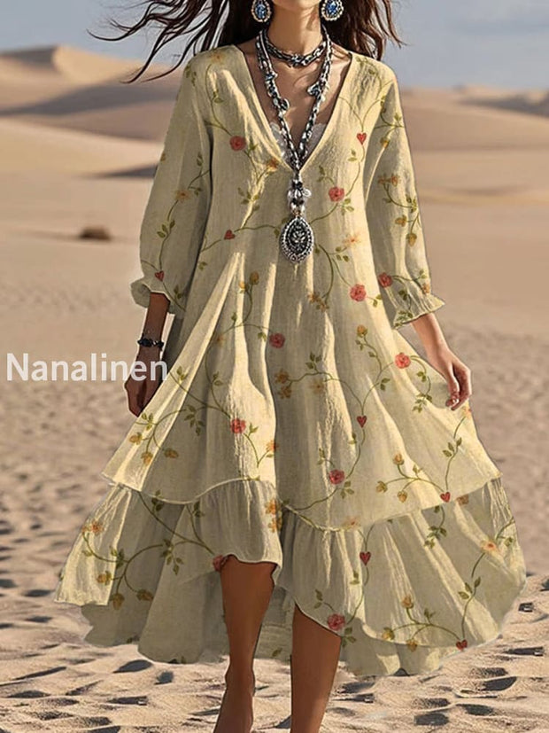 Vintage V-neck Bohemian Floral Print Elegant Chic Loose Midi Dress A / S