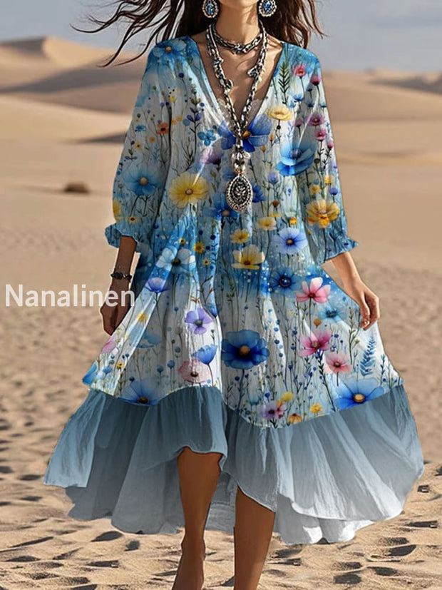 Vintage V-neck Bohemian Floral Print Elegant Chic Loose Midi Dress A / S