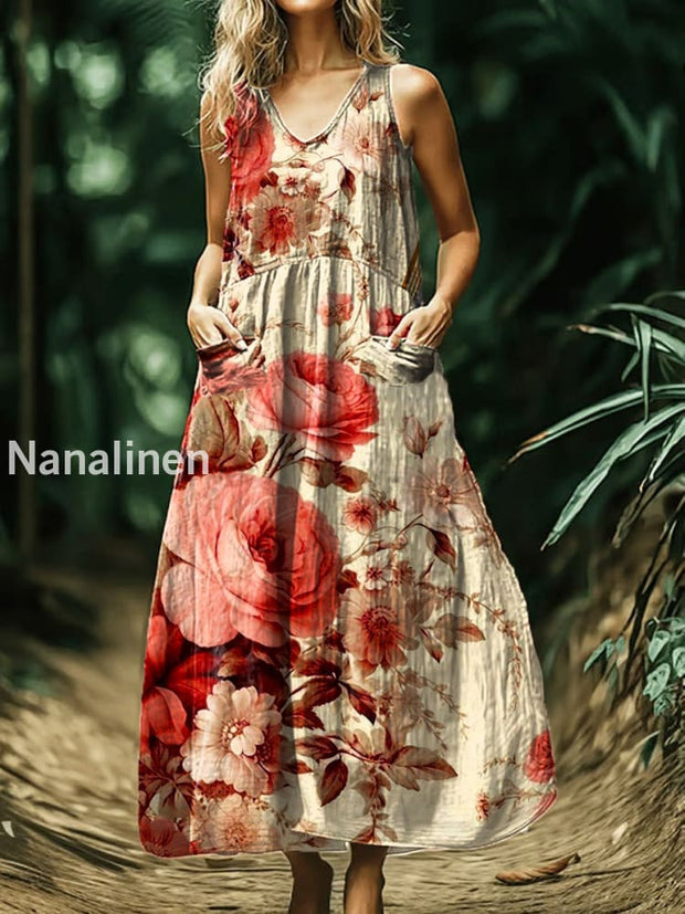 Vintage V-neck Bohemian Floral Print Elegant Chic Loose Midi Dress A / S