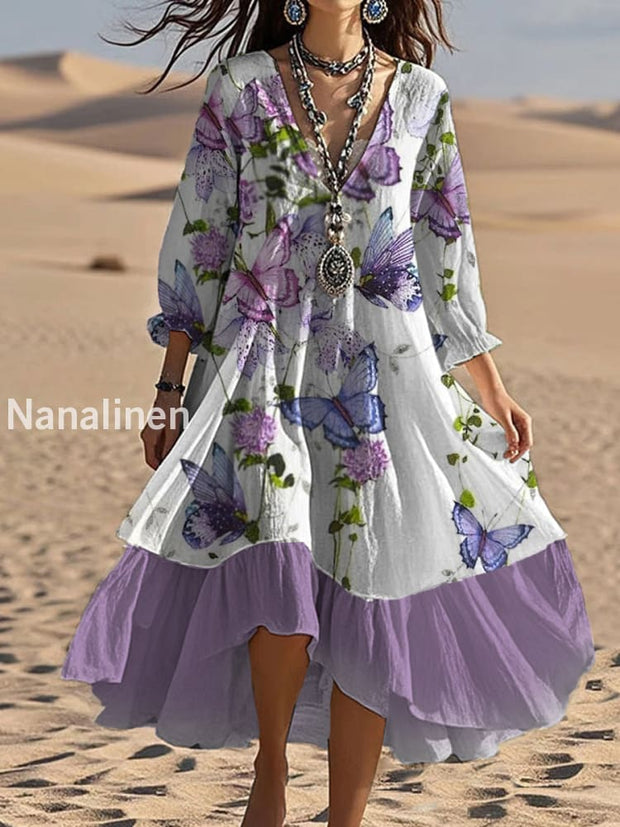 Vintage V-neck Bohemian Floral Print Elegant Chic Loose Midi Dress A / S