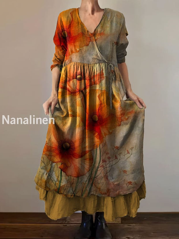 Vintage V-neck Bohemian Floral Print Elegant Chic Loose Midi Dress A / S