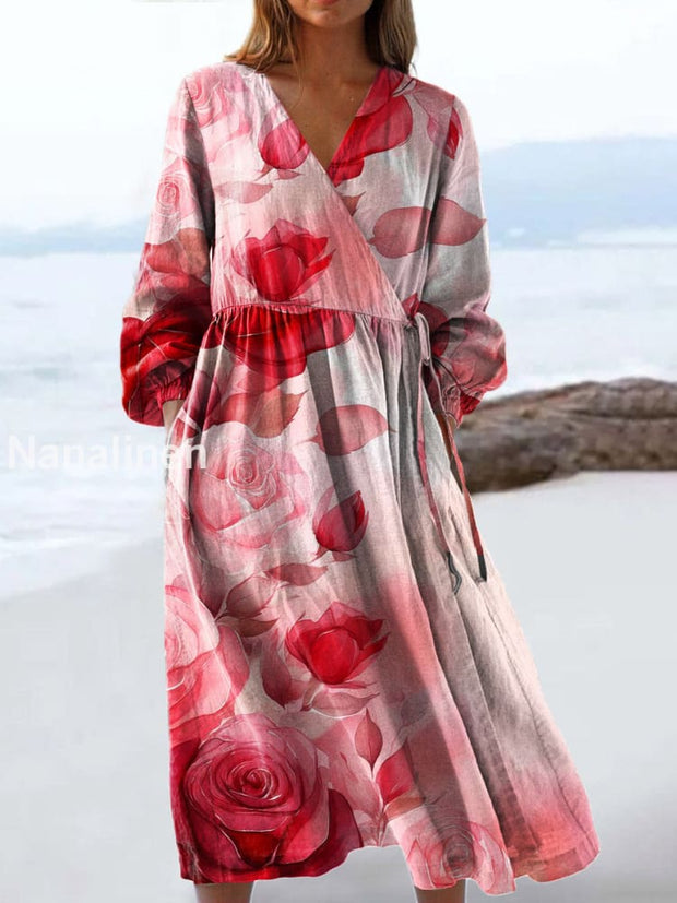Vintage V-neck Bohemian Floral Print Elegant Chic Loose Midi Dress A / S