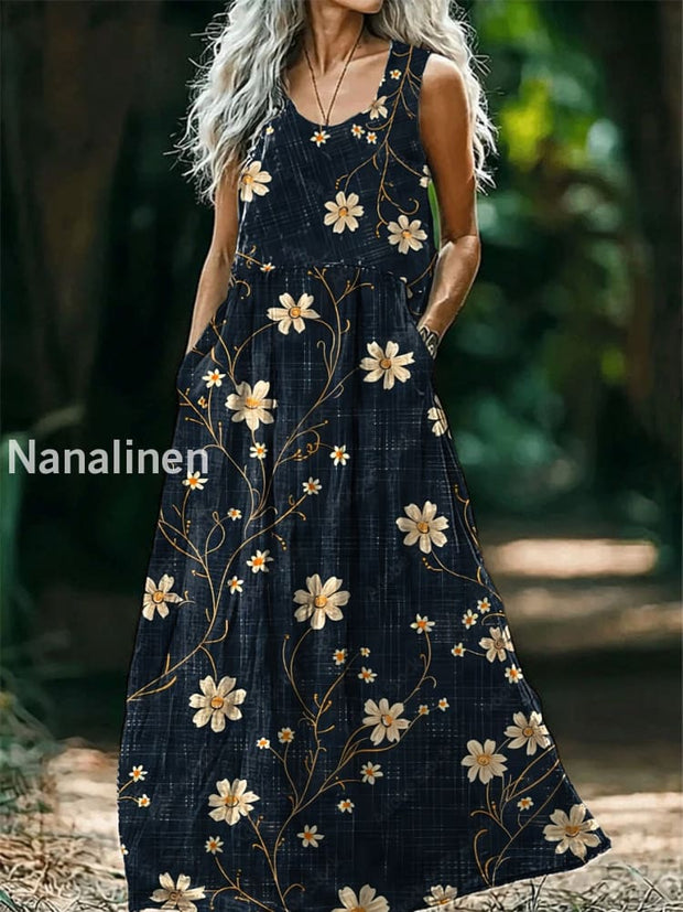 Vintage V-neck Bohemian Floral Print Elegant Chic Loose Midi Dress A / S