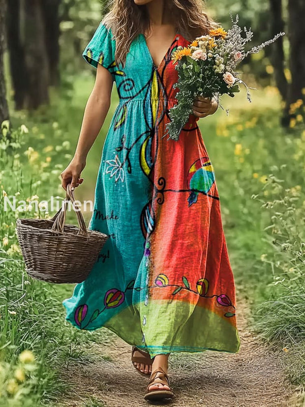 Vintage V-neck Bohemian Floral Print Elegant Chic Loose Midi Dress A / S