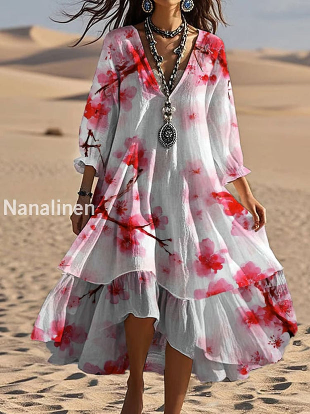 Vintage V-neck Bohemian Floral Print Elegant Chic Loose Midi Dress A / S