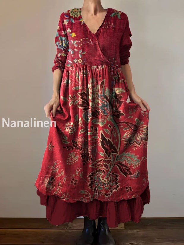 Vintage V-Neck Bohemian Floral Print Elegant Chic Loose Midi Dress A / S