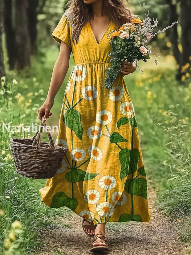 Vintage V-neck Bohemian Floral Print Elegant Chic Loose Midi Dress A / S