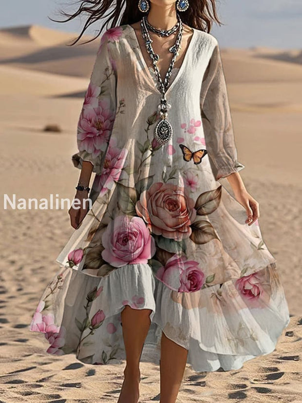 Vintage V-neck Bohemian Floral Print Elegant Chic Loose Midi Dress A / S