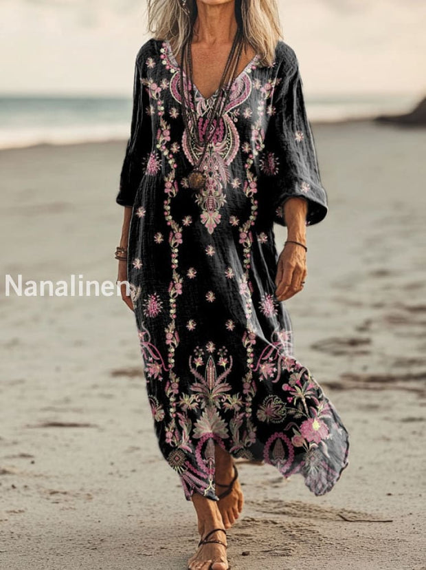 Vintage V-neck Bohemian Floral Print Elegant Chic Loose Midi Dress A / S